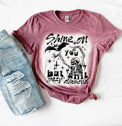 Handmade funny bat shirt with skeleton graphic, bat artwork, stars, and sarcastic bat shit crazy diamond quote.