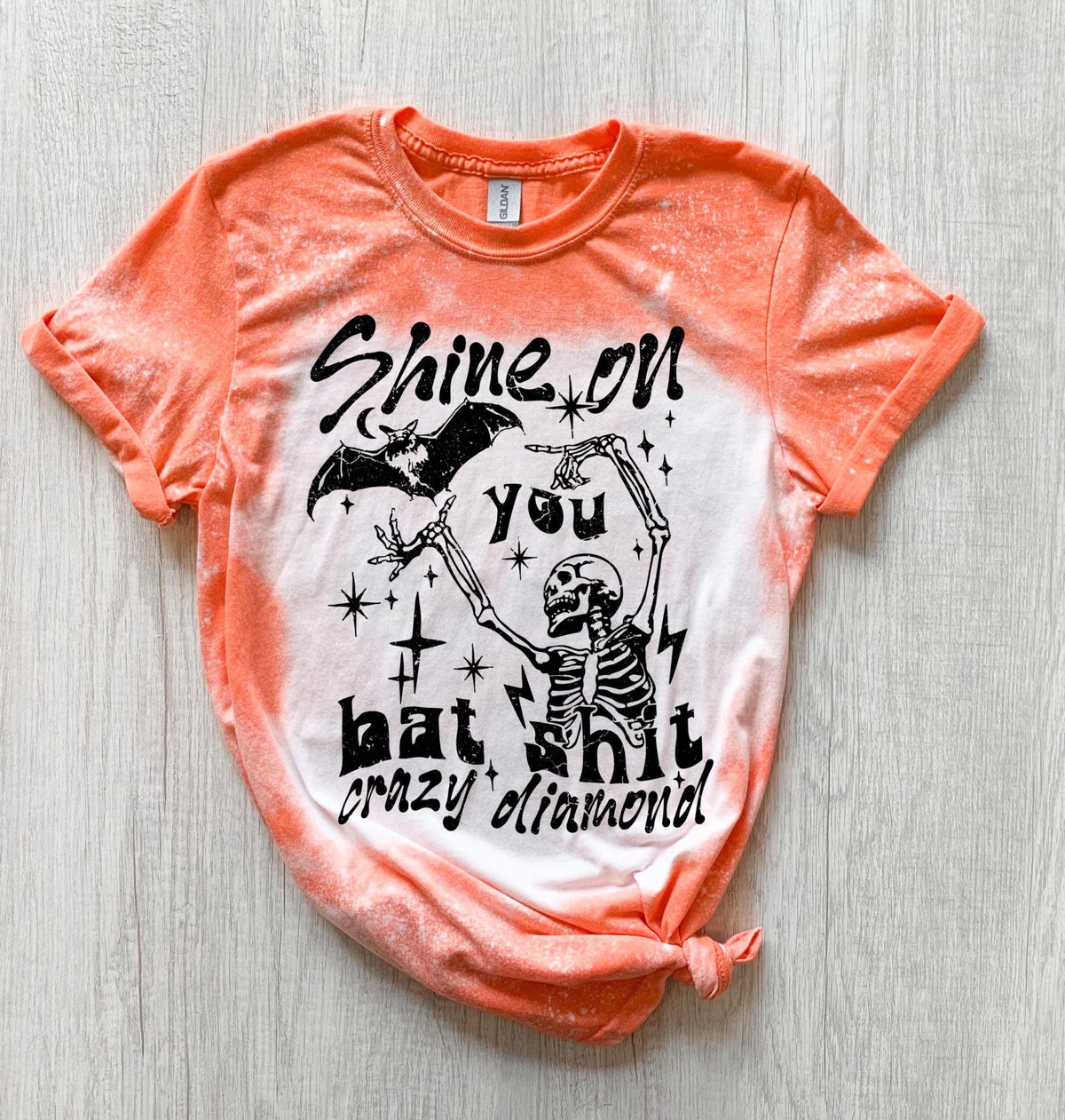 Handmade funny bat shirt with skeleton graphic, bat artwork, stars, and sarcastic bat shit crazy diamond quote.