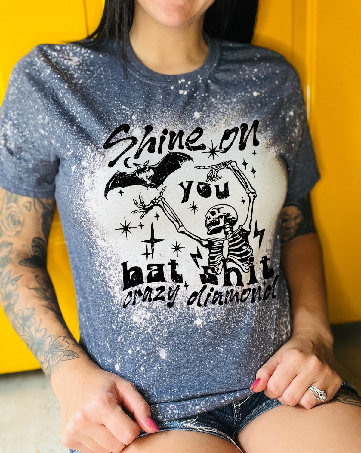 Handmade funny bat shirt with skeleton graphic, bat artwork, stars, and sarcastic bat shit crazy diamond quote.