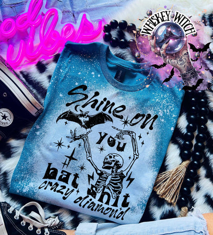 Handmade funny bat shirt with skeleton graphic, bat artwork, stars, and sarcastic bat shit crazy diamond quote.