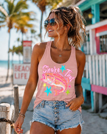 Shake that bass Funny Fishing Tank Top, Neon Pink Fish Shirt for Summer Lake Days. funny fishing tank top for women, vacation top, gift idea