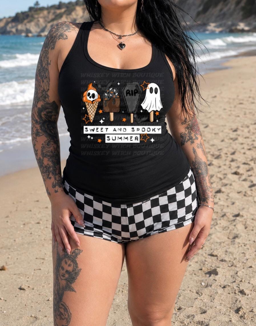 Spooky Summer Tank Top, Ghost Ice Cream Beach Shirt for Women