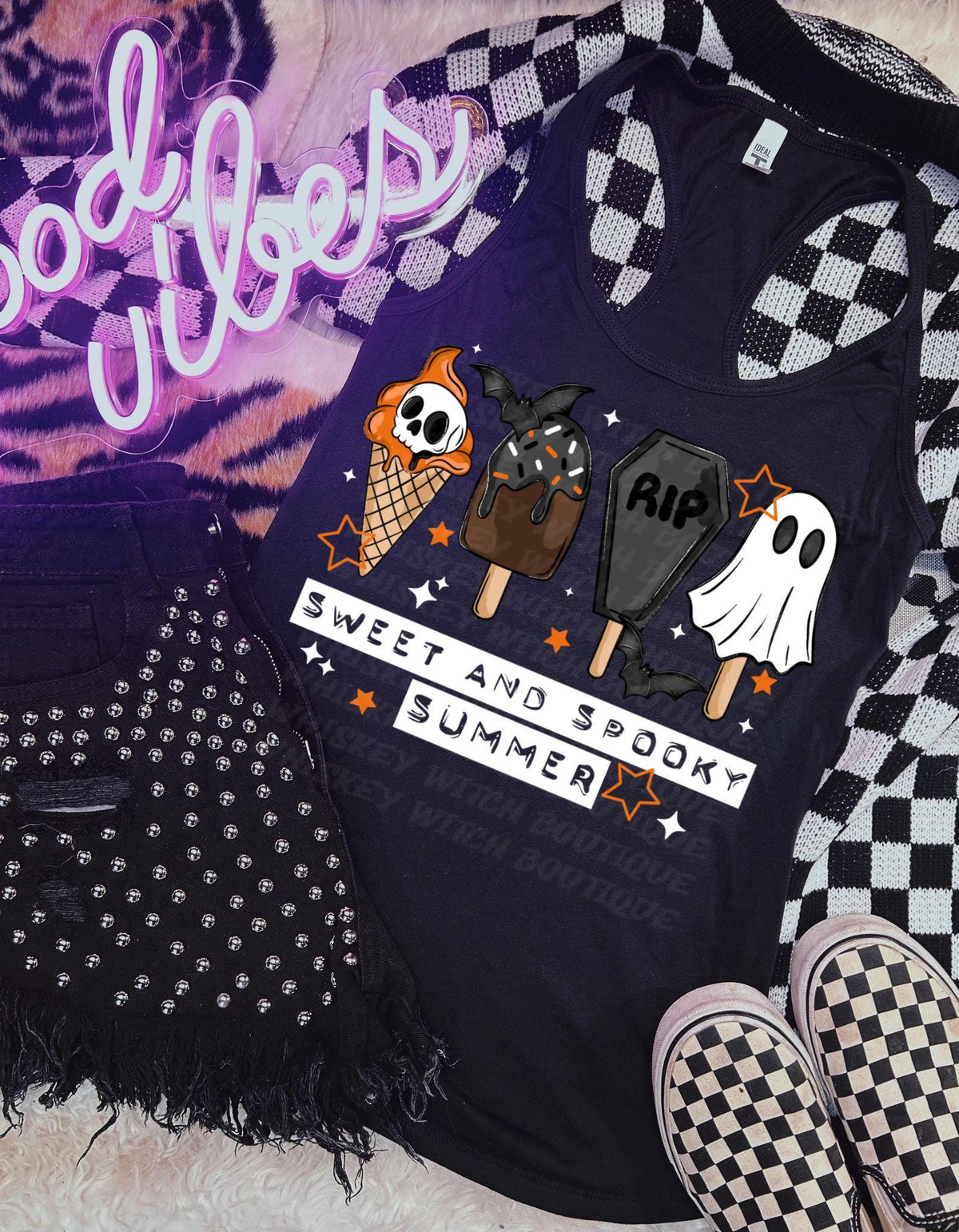 Spooky Summer Tank Top, Ghost Ice Cream Beach Shirt for Women