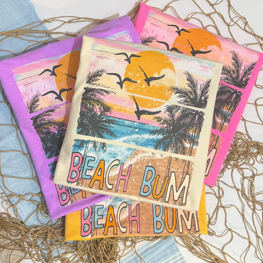 Beach Bum Shirt, Coral Comfort Colors Tee With Retro Ocean Sunset