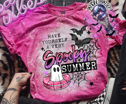 Cute ghost pool float graphic shirt with pink, black, and white summerween design details.
Pink bleached
