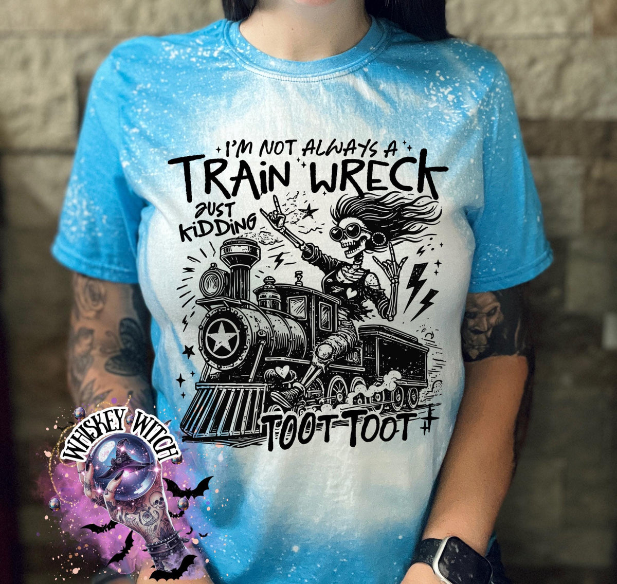 Bleached handmade graphic T-shirt with funny train wreck skeleton design and black text that says I’m not always a train wreck just kidding toot toot.