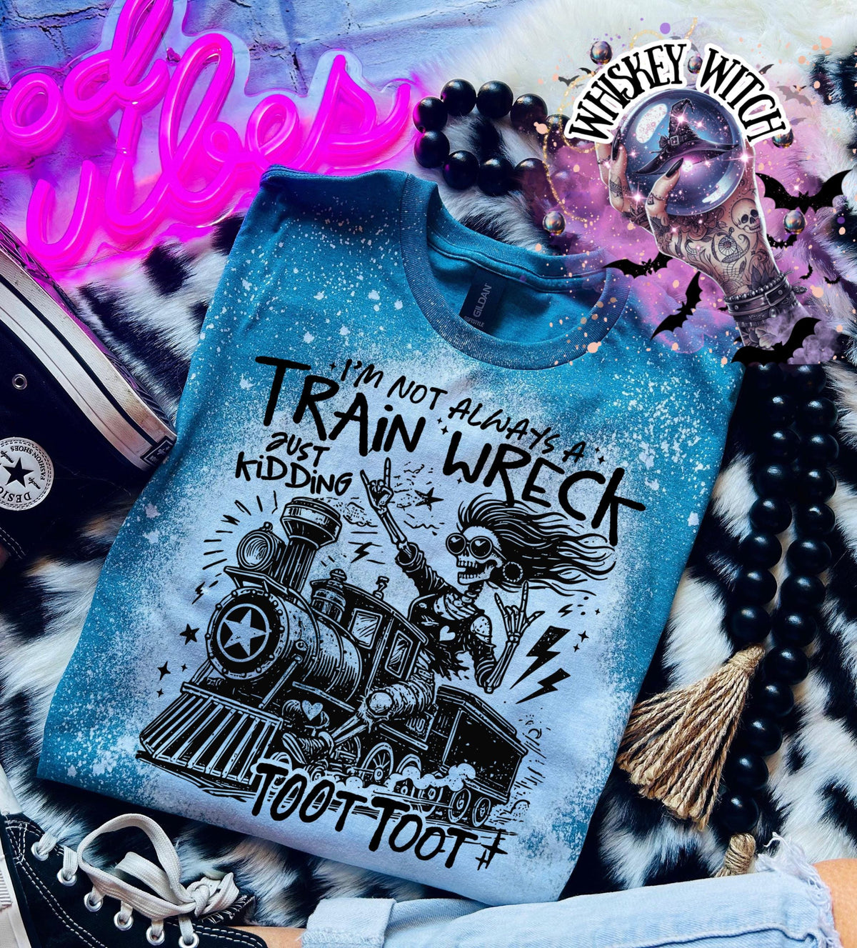 Bleached handmade graphic T-shirt with funny train wreck skeleton design and black text that says I’m not always a train wreck just kidding toot toot.