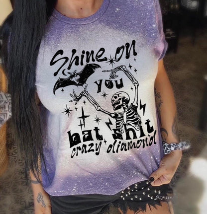 Handmade funny bat shirt with skeleton graphic, bat artwork, stars, and sarcastic bat shit crazy diamond quote.