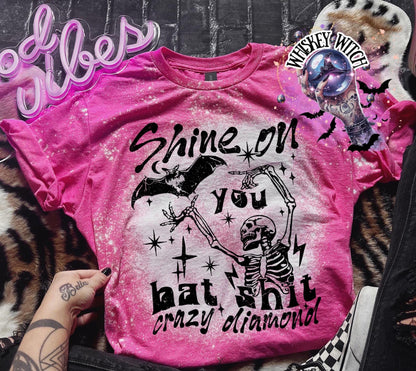 Handmade funny bat shirt with skeleton graphic, bat artwork, stars, and sarcastic bat shit crazy diamond quote.