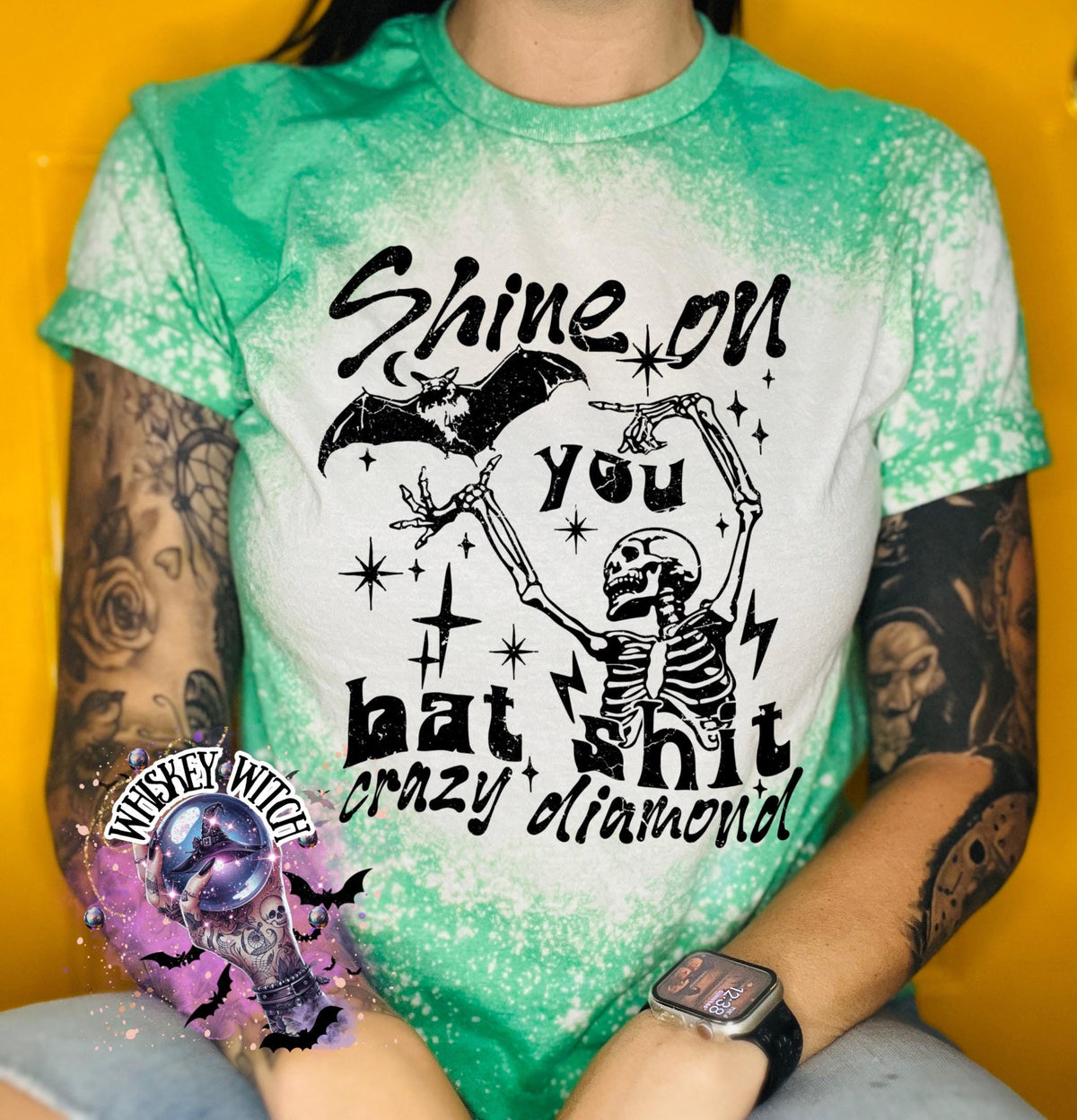 Handmade funny bat shirt with skeleton graphic, bat artwork, stars, and sarcastic bat shit crazy diamond quote.