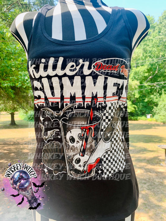 Spooky summer tank top on a mannequin with a goth skull drink design, bats, red accents, and bold white lettering.