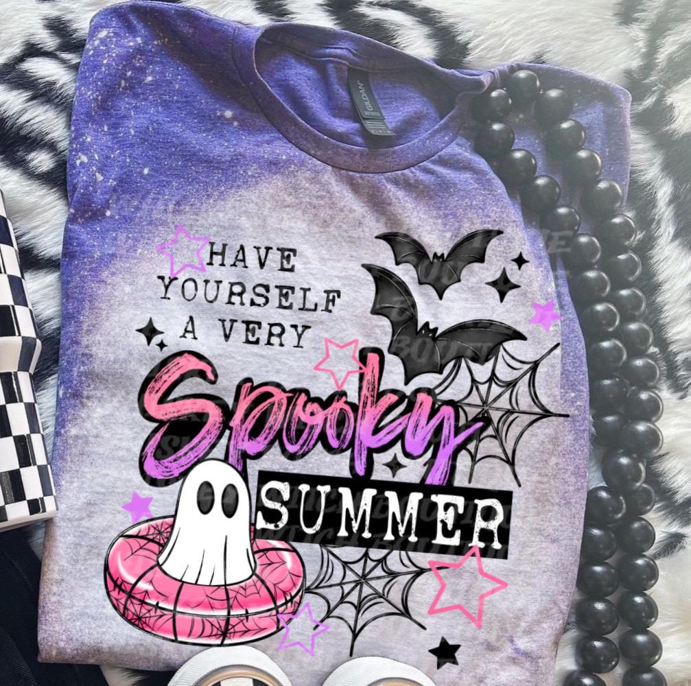 Cute ghost pool float graphic shirt with pink, black, and white summerween design details. Purple  bleached