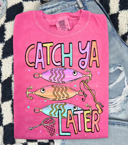 Handmade funny fishing shirt for women with bright lure graphics, fishing hook details, and playful summer colors.