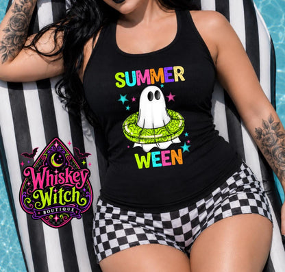 Summerween Tank Top, Spooky Ghost Shirt, Women’s Black Racerback Tank