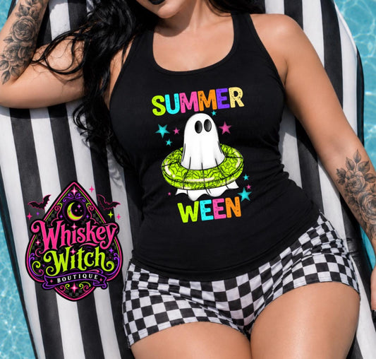 Summerween Tank Top, Spooky Ghost Shirt, Women’s Black Racerback Tank