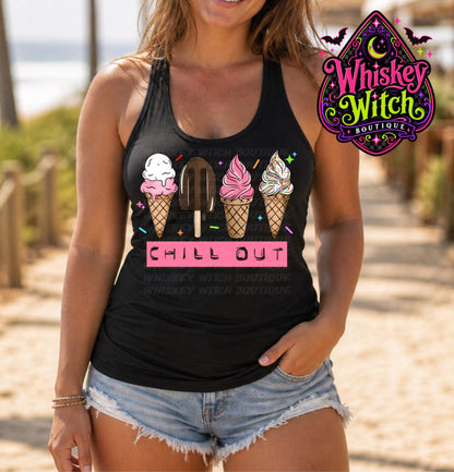 Spooky Summer Tank Top, Chill Out Ice Cream Graphic, Women’s Black Racerback