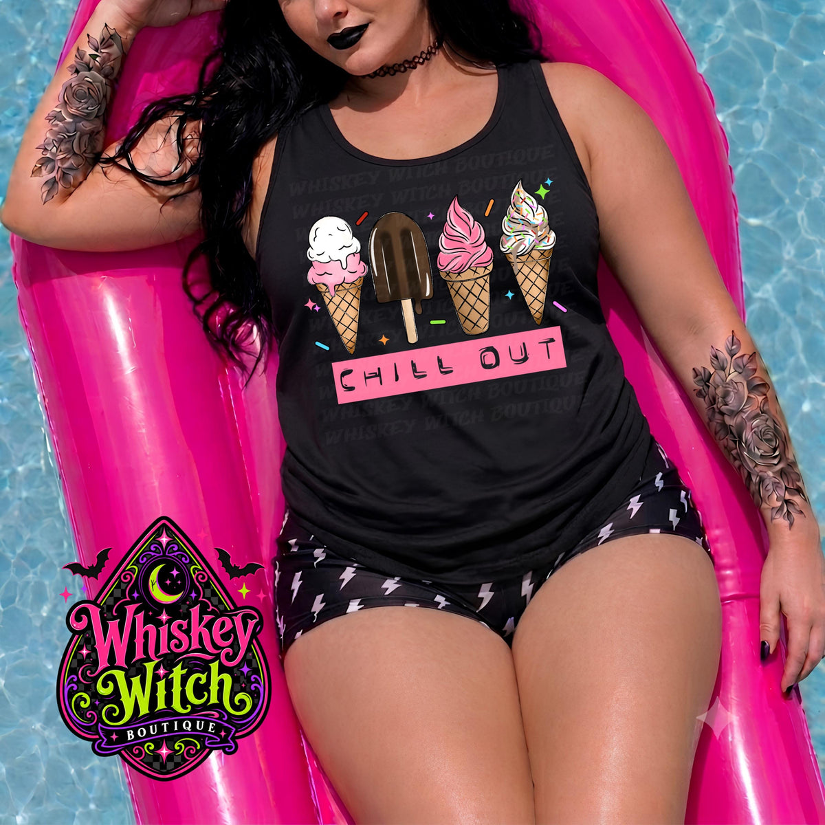 Spooky Summer Tank Top, Chill Out Ice Cream Graphic, Women’s Black Racerback