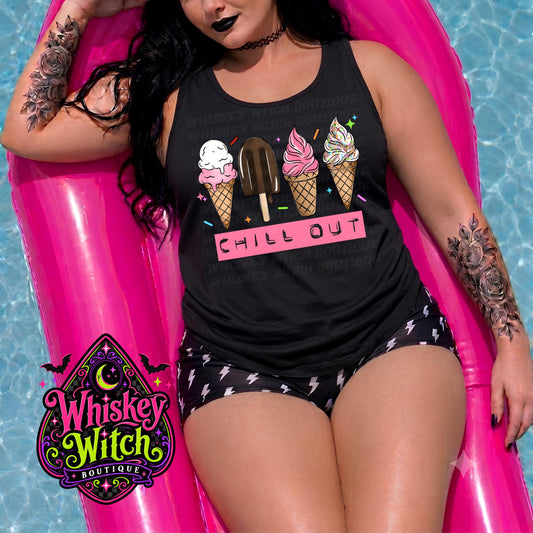 Spooky Summer Tank Top, Chill Out Ice Cream Graphic, Women’s Black Racerback